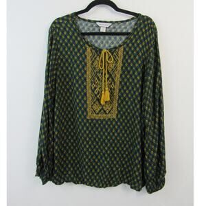 Christopher & Banks XL Green and Yellow Prairie Blouse Embroidery Cottage Boho